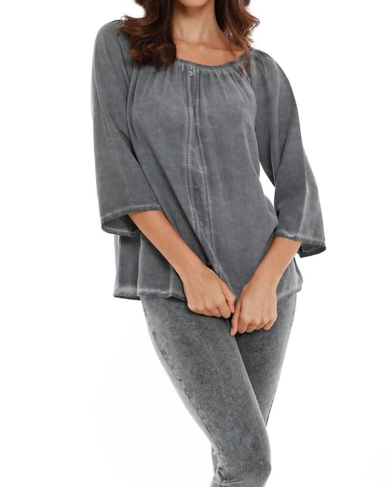 Front of a model wearing a size LG Luciana Button Off The Shoulder Top in Charcoal in Charcoal by french kyss. | dia_product_style_image_id:326826